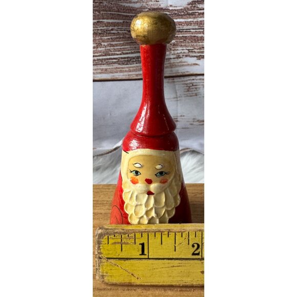 VTG Handcrafted Folk Art Wooden Santa Claus Bell Hand Painted Red & Gold - Picture 9 of 9